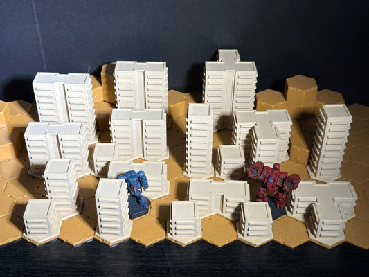 33mm Hex City Buildings, Square Style - 6mm Mecha Scale Compatible with BattleTech and Lancer